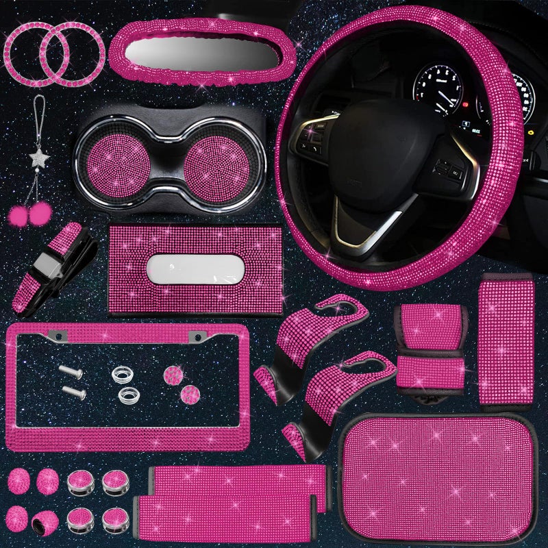 JINGSEN 25PCS Bling Car Parts Set  Car Parts Set Female Plug Universal 15 Inch  Shiny License Plate Frame  Center Console Cover and Rearview Mirror Set and Other Car Accessories(Rose Pink) - Image 1